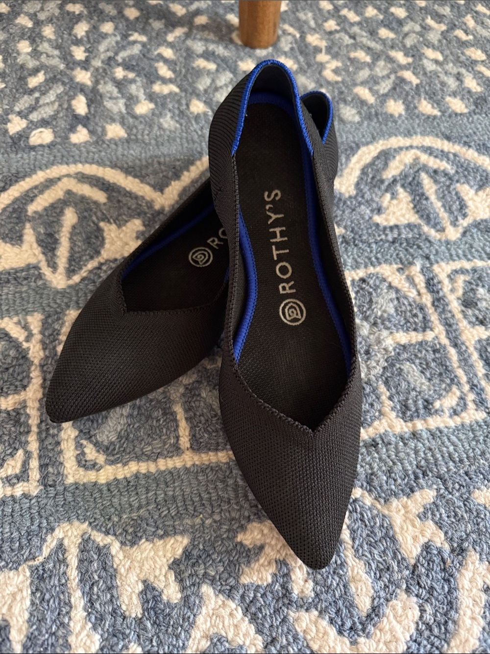 Rothy's Black Pointed Knit Flats with Blue Trim